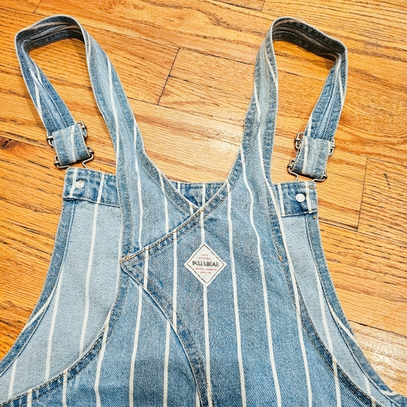 Pull & Bear Size L Denim Dress Overalls with Railroad Stripe Raw Hem Pockets - Picture 6 of 7